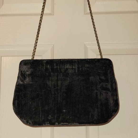 Handbags - Vintage Black Crushed Velvet clutch with gold tone chain and hardware.